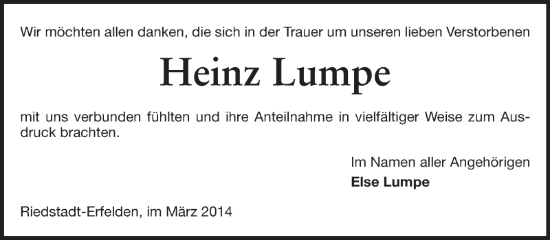  Traueranzeige für Heinz Lumpe vom 15.03.2014 aus Rüsselsheimer Echo, Groß-Gerauer-Echo, Ried Echo