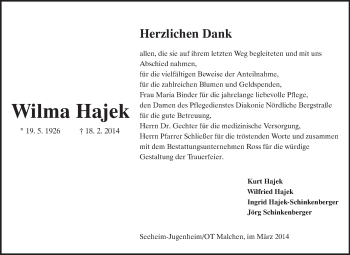 Traueranzeige von Wilma Hajek von Echo-Zeitungen (Gesamtausgabe)