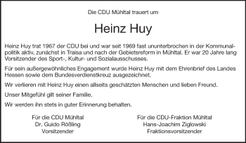 Traueranzeige von Heinz Huy von Echo-Zeitungen (Gesamtausgabe)