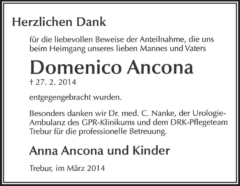  Traueranzeige für Domenico Ancona vom 14.03.2014 aus Rüsselsheimer Echo, Groß-Gerauer-Echo, Ried Echo
