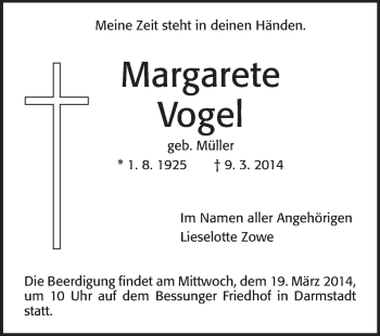 Traueranzeige von Margarete Vogel von Echo-Zeitungen (Gesamtausgabe)
