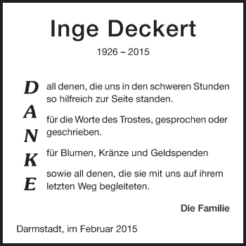 Traueranzeige von Inge Deckert von Echo-Zeitungen (Gesamtausgabe)