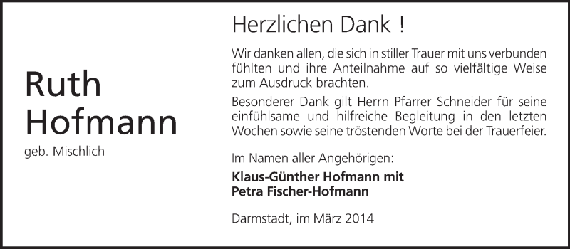  Traueranzeige für Ruth Hofmann vom 15.03.2014 aus Echo-Zeitungen (Gesamtausgabe)