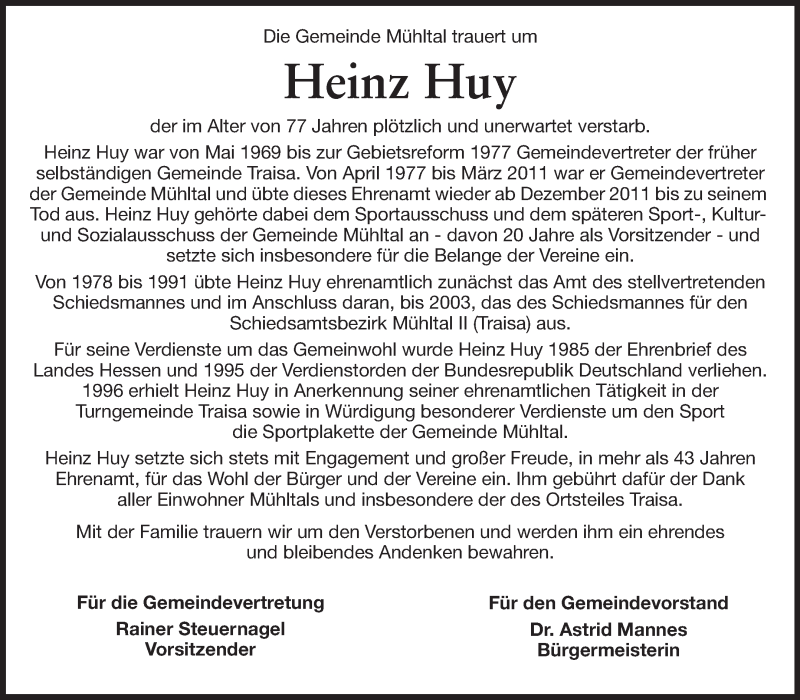  Traueranzeige für Heinz Huy vom 15.03.2014 aus Echo-Zeitungen (Gesamtausgabe)