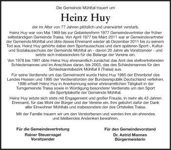 Traueranzeige von Heinz Huy von Echo-Zeitungen (Gesamtausgabe)