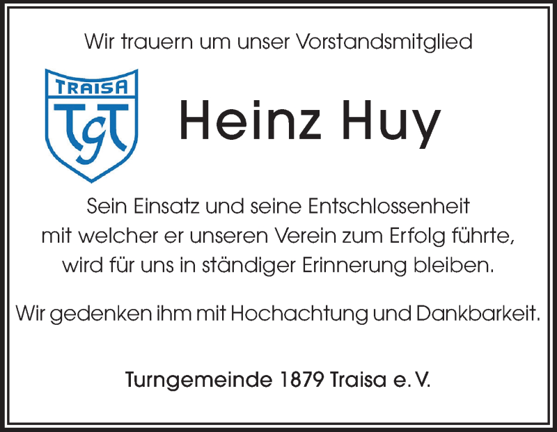  Traueranzeige für Heinz Huy vom 15.03.2014 aus Echo-Zeitungen (Gesamtausgabe)