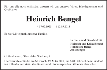Traueranzeige von Heinrich Bengel von Echo-Zeitungen (Gesamtausgabe)