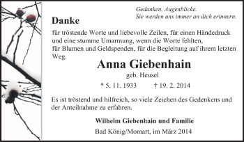 Traueranzeige von Anna Giebenhain von Odenwälder Echo