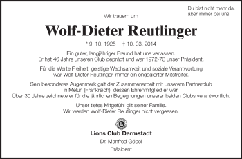 Traueranzeige von Wolf-Dieter Reutlinger von Echo-Zeitungen (Gesamtausgabe)