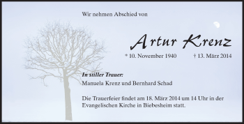 Traueranzeige von Artur Krenz von Rüsselsheimer Echo, Groß-Gerauer-Echo, Ried Echo