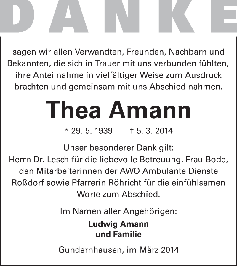  Traueranzeige für Thea Amann vom 22.03.2014 aus Echo-Zeitungen (Gesamtausgabe)