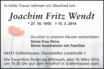 Traueranzeige von Joachim Fritz Wendt von Echo-Zeitungen (Gesamtausgabe)