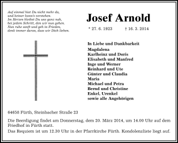 Traueranzeige von Josef Arnold von Starkenburger Echo