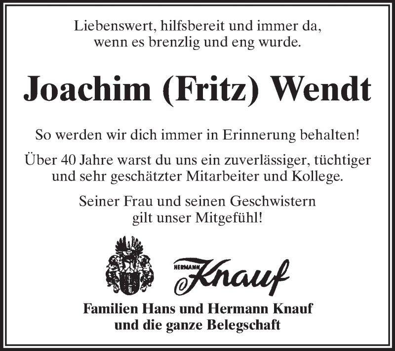  Traueranzeige für Joachim Fritz Wendt vom 18.03.2014 aus Echo-Zeitungen (Gesamtausgabe)