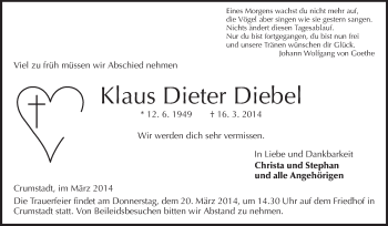 Traueranzeige von Klaus Dieter Diebel von Echo-Zeitungen (Gesamtausgabe)