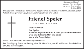 Traueranzeige von Friedel Speier von Echo-Zeitungen (Gesamtausgabe)