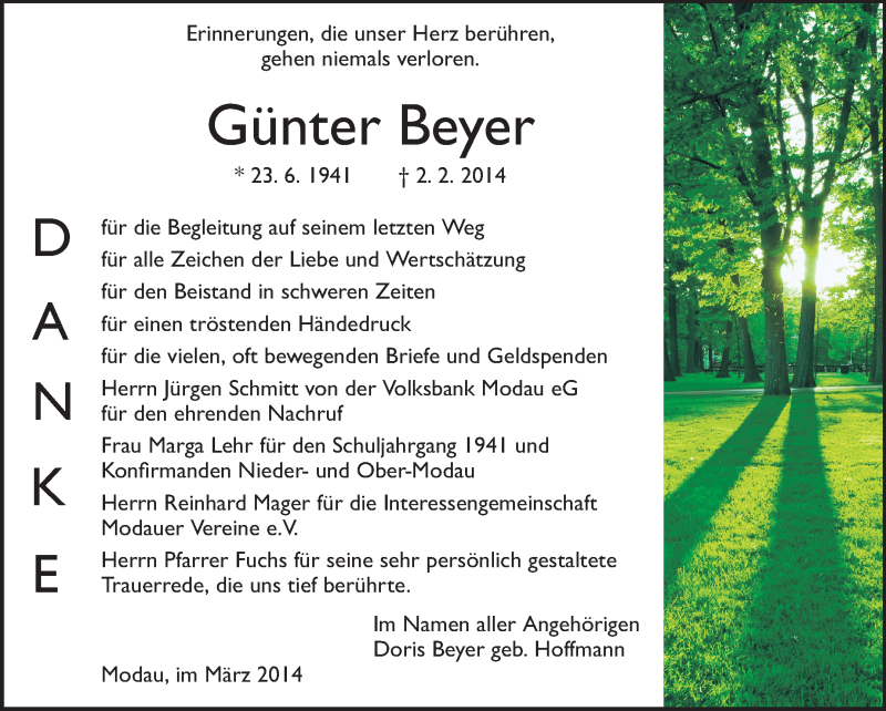 Traueranzeige für Günter Beyer vom 22.03.2014 aus Echo-Zeitungen (Gesamtausgabe)
