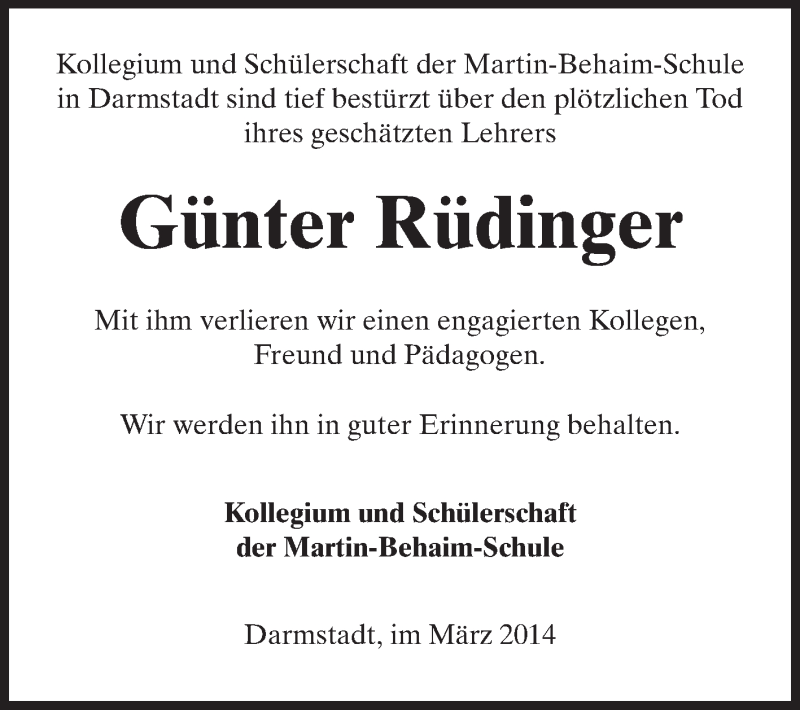  Traueranzeige für Günter Rüdinger vom 19.03.2014 aus Echo-Zeitungen (Gesamtausgabe)