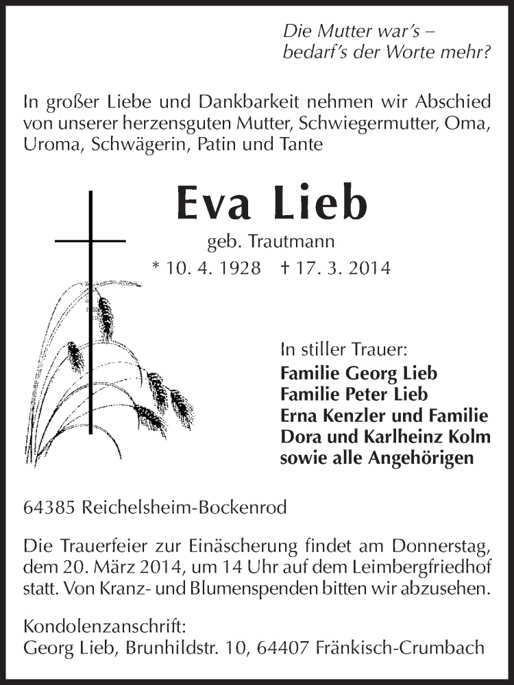  Traueranzeige für Eva Lieb vom 19.03.2014 aus Odenwälder Echo