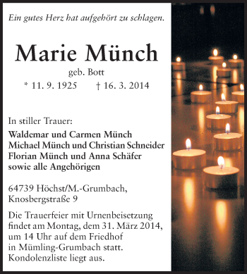 Traueranzeige von Marie Münch von Odenwälder Echo