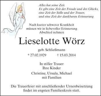 Traueranzeige von Lieselotte Wörz von Echo-Zeitungen (Gesamtausgabe)
