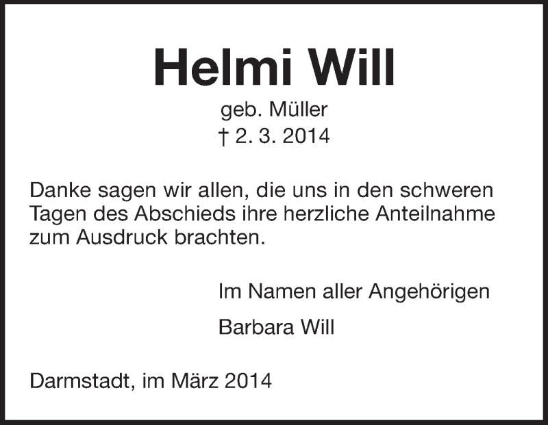  Traueranzeige für Helmi Will vom 22.03.2014 aus Echo-Zeitungen (Gesamtausgabe)