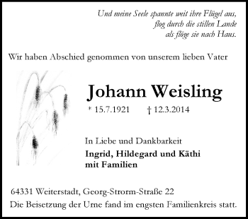 Traueranzeige von Johann Weisling von Echo-Zeitungen (Gesamtausgabe)