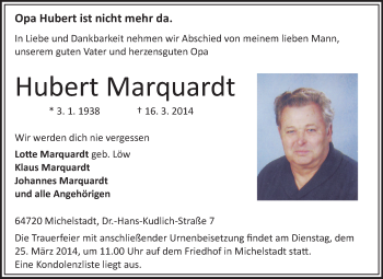 Traueranzeige von Hubert Marquardt von Odenwälder Echo