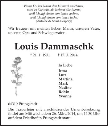 Traueranzeige von Louis Dammaschk von Echo-Zeitungen (Gesamtausgabe)