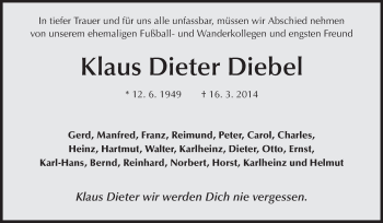Traueranzeige von Klaus Dieter Diebel von Echo-Zeitungen (Gesamtausgabe)