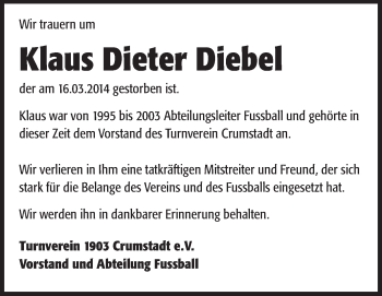 Traueranzeige von Klaus Dieter Diebel von Echo-Zeitungen (Gesamtausgabe)