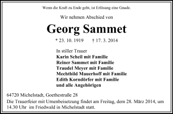 Traueranzeige von Georg Sammet von Odenwälder Echo