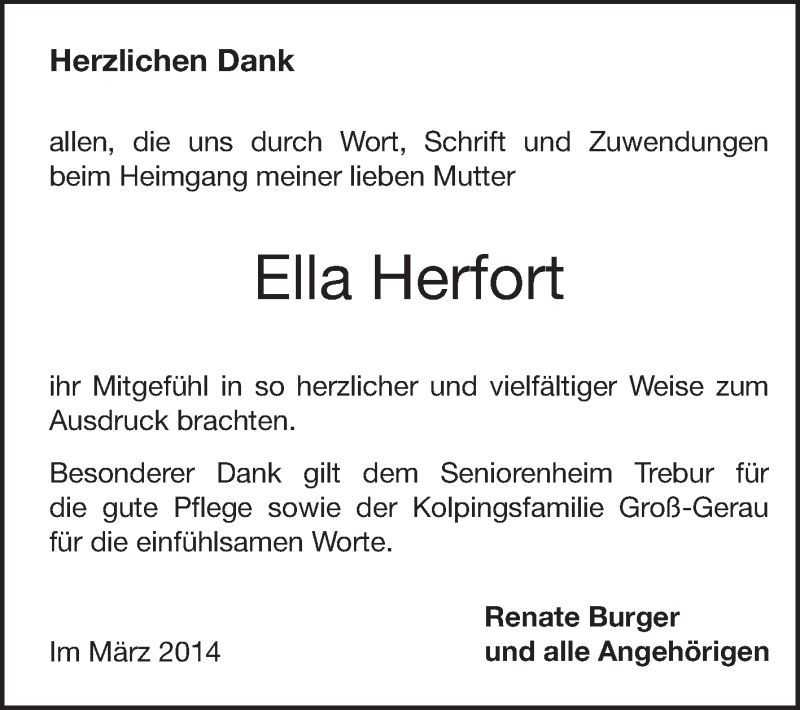  Traueranzeige für Ella Herfort vom 21.03.2014 aus Echo-Zeitungen (Gesamtausgabe)