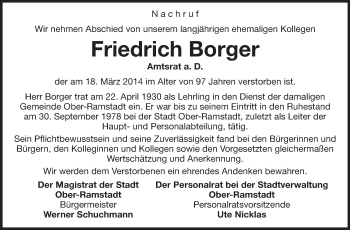 Traueranzeige von Friedrich Borger von Echo-Zeitungen (Gesamtausgabe)