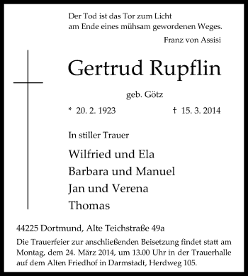 Traueranzeige von Gertrud Rupflin von Echo-Zeitungen (Gesamtausgabe)
