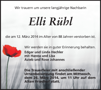 Traueranzeige von Elli Rühl von Echo-Zeitungen (Gesamtausgabe)