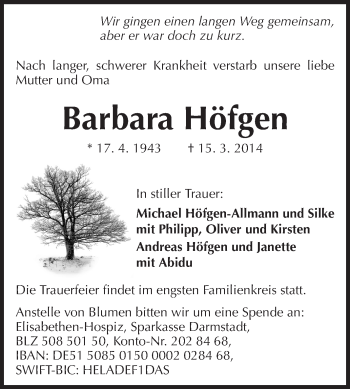 Traueranzeige von Barbara Höfgen von Echo-Zeitungen (Gesamtausgabe)