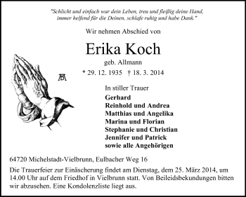 Traueranzeige von Erika Koch von Odenwälder Echo
