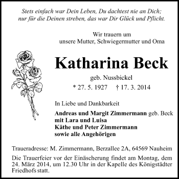 Traueranzeige von Katharina Beck von Rüsselsheimer Echo, Groß-Gerauer-Echo, Ried Echo