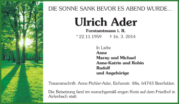 Traueranzeige von Ulrich Ader von Odenwälder Echo