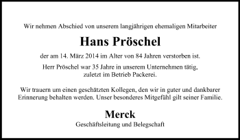 Traueranzeige von Hans Pröschel von Echo-Zeitungen (Gesamtausgabe)