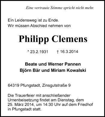 Traueranzeige von Philipp Clemens von Echo-Zeitungen (Gesamtausgabe)