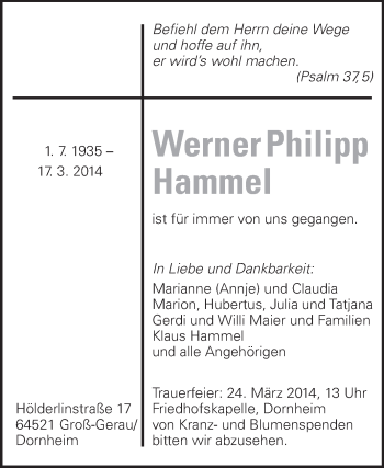 Traueranzeige von Werner Philipp Hammel von Rüsselsheimer Echo, Groß-Gerauer-Echo, Ried Echo