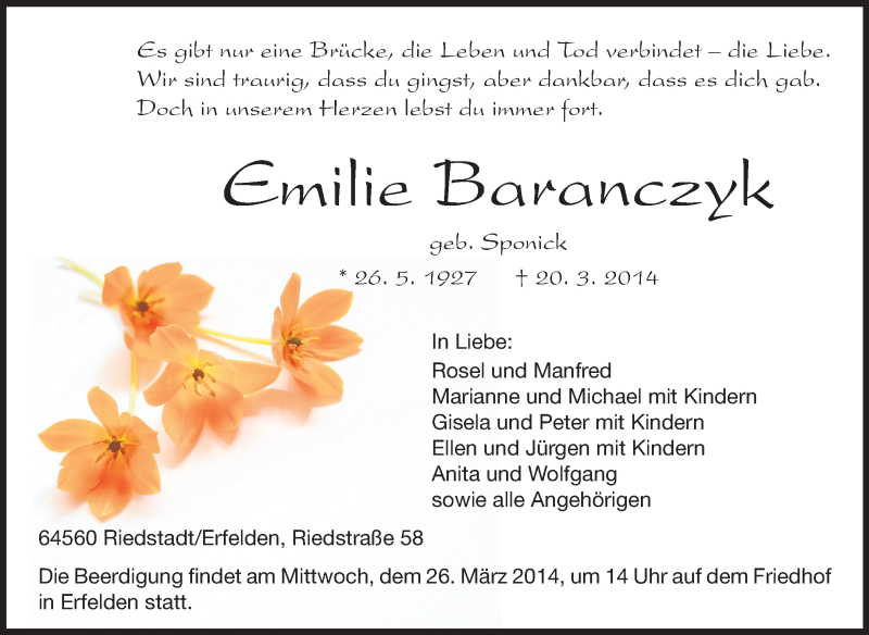  Traueranzeige für Emilie Baranczyk vom 22.03.2014 aus Rüsselsheimer Echo, Groß-Gerauer-Echo, Ried Echo
