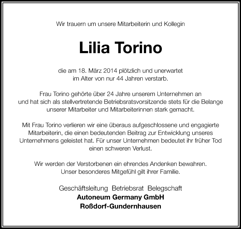  Traueranzeige für Lilia Torino vom 22.03.2014 aus Echo-Zeitungen (Gesamtausgabe)