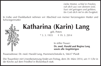 Traueranzeige von Katharina Lang von Echo-Zeitungen (Gesamtausgabe)