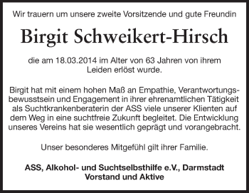 Traueranzeige von Birgit Schweikert-Hirsch von Echo-Zeitungen (Gesamtausgabe)