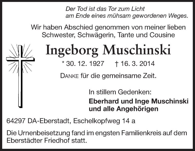  Traueranzeige für Ingeborg Muschinski vom 29.03.2014 aus Echo-Zeitungen (Gesamtausgabe)