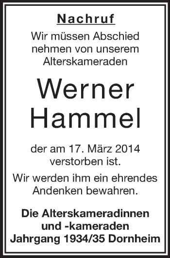 Traueranzeige von Werner Hammel von Rüsselsheimer Echo, Groß-Gerauer-Echo, Ried Echo