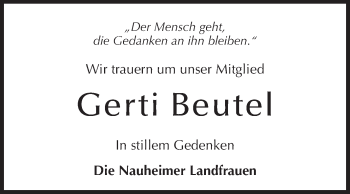 Traueranzeige von Gerti Beutel von Rüsselsheimer Echo, Groß-Gerauer-Echo, Ried Echo